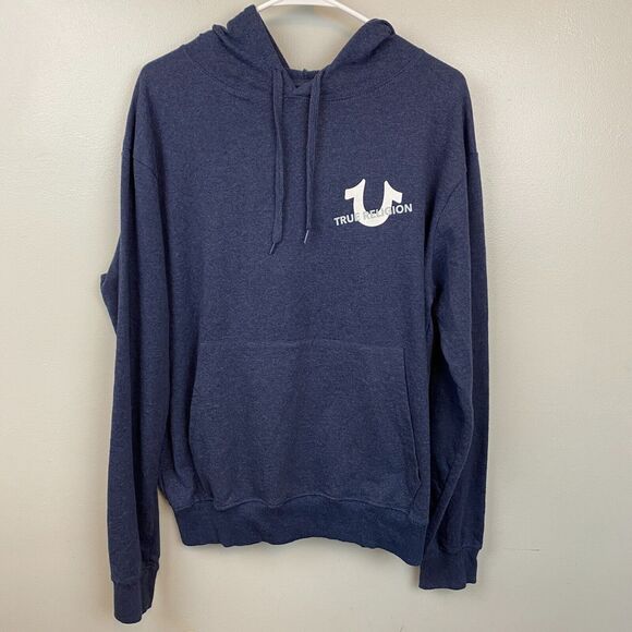 True Religion Hoodie Men's L Blue Long Sleeve Drawstring Slanted Repeat‎ EUC - Picture 1 of 9